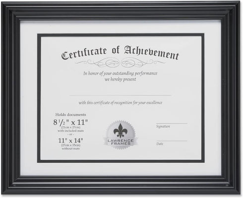 Lawrence Frames Dual Use 11 by 14-Inch Certificate Picture Frame with Double Bevel Cut Matting for 8.5 by 11-Inch Document, Black
