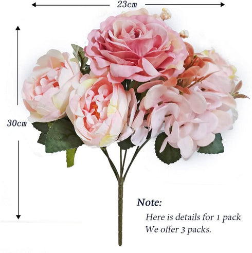 Bumhar Artificial Peony Silk Flowers Fake Hydrangea Bouquet Flower Arrangements Home Centerpieces Wedding Decoration 3 Packs(Pink)