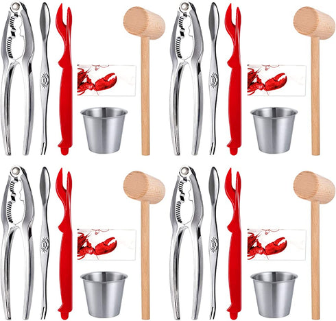 Crab Crackers and Tools - 4 Lobster Crackers, 4 Lobster Forks, 4 Seafood Forks, 4 Butter Cups, 4 Wooden Crab Mallets, 4 Lobster Bibs