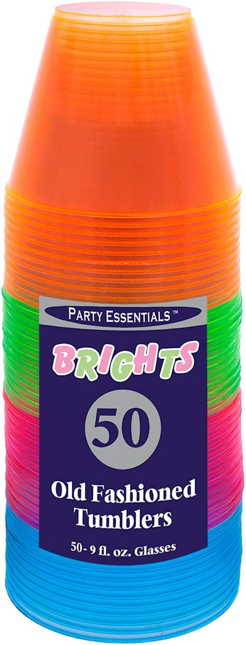 Party Essentials Plastic Cups, 50-Count, Assorted Neon
