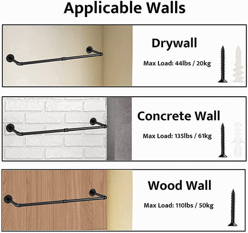UlSpeed Clothing Rack Wall Mounted, 38.4in Industrial Pipe Wall Hanging Garment Rack, Space-Saving, Heavy Duty Wall Clothes Rack, Multi-Purpose Hanging Bracket for Laundry Room, Closet (Black, 1 Set)