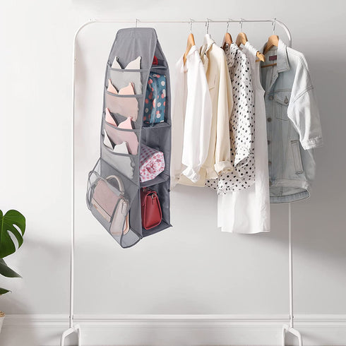 ELUCHANG 4-Shelf Hanging Closet Organizer, Handbags Holder with 2 Sturdy Hooks for Closet,Grey