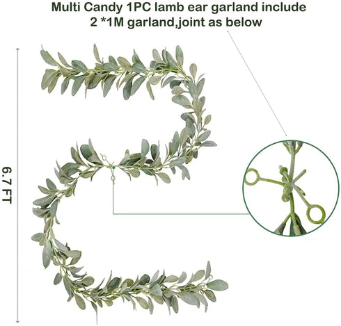 MULTI CANDY Artificial Flocked Lambs Ear Garland,Soft Faux Vine Greenery, Farmhouse Mantle Decor,DIY Home Decoration Vine