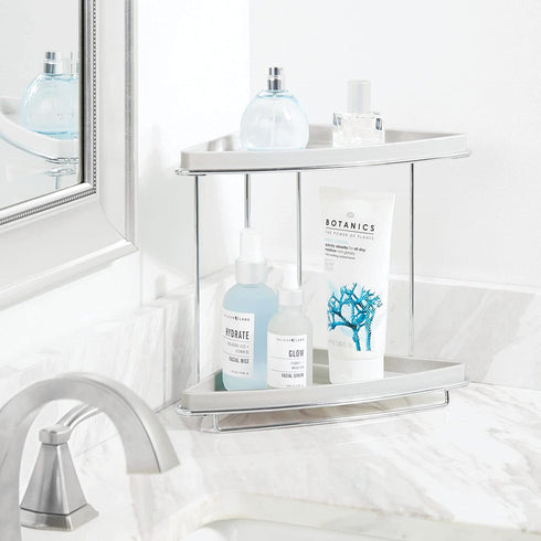 mDesign Metal 2-Tier Corner Storage Organizing Caddy Stand for Bathroom Vanity Countertops, Shelving or Under Sink - Free Standing, 2 Plastic Shelves - Light Gray/Chrome
