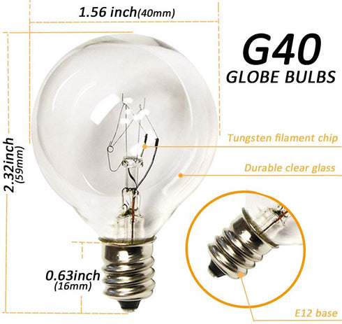 25Ft String Lights, G40 Outdoor Patio String Lights with 27 Clear Globe Edison Bulbs (2 Spare), Globe String Lights for Indoor/Outdoor Commercial Decor, 25 Hanging Sockets, 5 Watt/E12 Base- White Wire