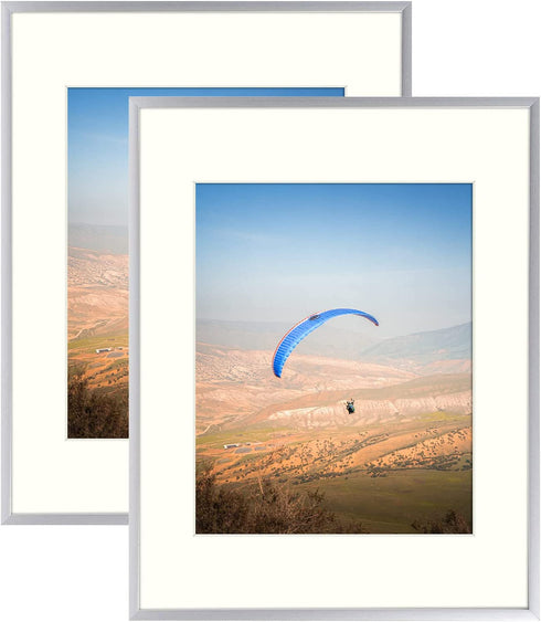 Frametory, 11x14 Aluminum Frame for 8x10 Picture Includes Ivory Mat for Wall Display, Sawtooth Hanger, Swivel Tabs, Spring Clips Great for Photos, Artworks, Posters (Silver, 2-Pack)