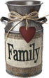HIDERLYS 7.5" High Rustic Decorative Vase with Greetings and Rope Design, Metal Milk Can Country Jug for Living Room, Bedroom, Kitchen(Family)