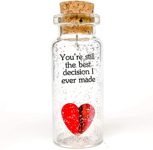 Anniversary Heart Decor Gift for Her and Him - Personalized Valentines Day Gifts - I Love You Presents for Wife and Husband (Red Heart in a Bottle, You're Still the Best Decision I Ever Made)