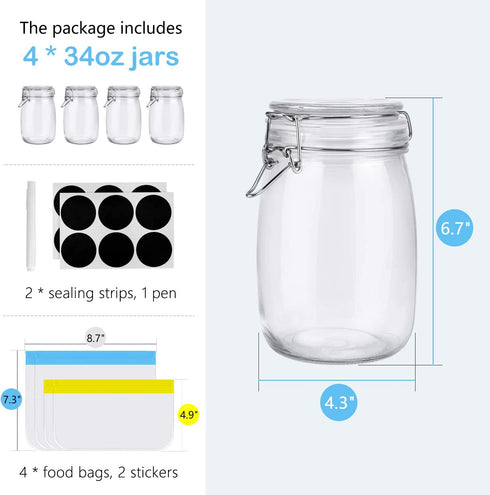 ESEOE Mason Jars - 4 Pack 34 OZ Airtight Hinged Lids Glass Container: Wide Mouth Kitchen Canisters with Label for Spice Canning Jelly Jam Candy Cookie Coffee, 4 Reusable Freezer Food Storage Bags