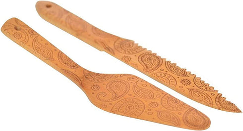 Natural Bamboo Wood Cake Knife and Serving Set, Patterned Serrated Knife and Spatula, Cake Cutting Set, Stylish and Elegant