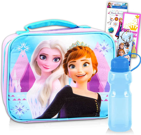 Walt Disney Studio Disney Frozen Lunch Bag Bundle For Girls, Kids ~ Frozen Lunch Box Set Featuring Anna And Elsa With Water Bottle, Frozen Bookmark, Stickers, And More (Frozen School Supplies)