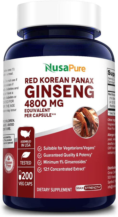 Red Korean Panax Ginseng 4,800mg 200 Veggie Caps (Non-GMO, Extract 12:1 & Gluten-Free)