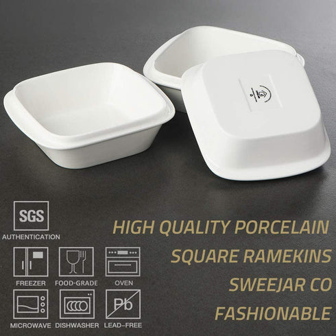 SWEEJAR Porcelain 10oz Square Ramekins with Handle for Baking, Souffle Dishes, Sauce Dishes, Dipping Bowls Stacked for Kitchen Cabinet Set of 6(White)