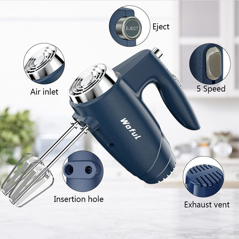 5-Speed 200W Electric Hand Mixer,with Eject Button,4 Stainless Steel Attachments(Beaters and Dough Hooks),for Whipping Cake, Cream,Dough,Cookies,Blue