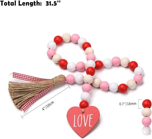 Valentine™s Day Wood Bead Garland with Tassels and Love Heart Shaped Wooden Embellishments Rustic Farmhouse Tiered Tray Wedding Decorations Home Decor (Red & White Love)