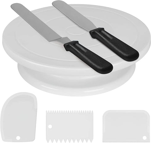 Kootek 11 Inch Rotating Cake Turntable with 2 Icing Spatula and 3 Icing Smoother, Revolving Cake Stand White Baking Cake Decorating Kits Supplies