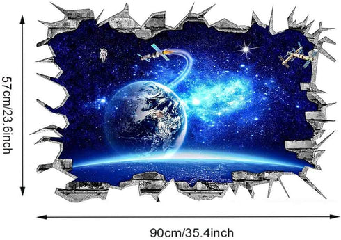 3D Blue Cosmic Galaxy Earth Satellites Wall Decals Magic Milky Way Outer Space Planet Broken Wall Stickers Murals Decor for Home Floor Ceiling Boy Girls Room Kids Bedroom