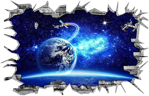 3D Blue Cosmic Galaxy Earth Satellites Wall Decals Magic Milky Way Outer Space Planet Broken Wall Stickers Murals Decor for Home Floor Ceiling Boy Girls Room Kids Bedroom
