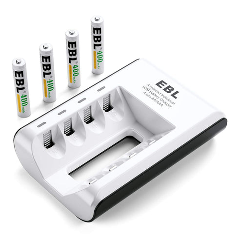 EBL Rechargeable AAAA Batteries 4 Counts with Smart Battery Charger - 400mAh AAAA Battery Surface Pen Battery and Universal Battery Charger for AA AAA AAAA Ni-MH Ni-CD Rechargeable Batteries