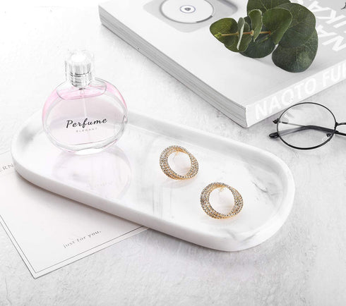 Luxspire Bathroom Vanity Tray, Toilet Tank Oval Storage Tray, Resin Handmade Bathroom Bathtub Kitchen Dresser Countertop Organizer for Soap Shampoo Candles Towel Plant Jewelry Ring Dish - White Marble