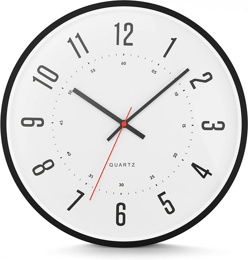 Driini Modern Mid Century Analog Wall Clock (12") Large, Easy to Read Numbers; Black Metal Frame Battery Operated with Silent Sweep Hands Contemporary Decor for Office, Living Room, or Kitchen