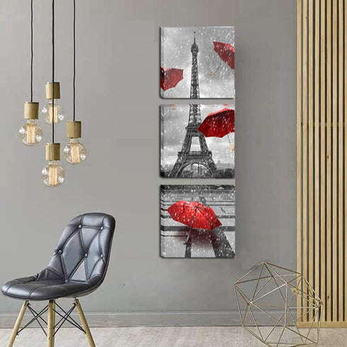 Paris Eiffel Tower Canvas Wall Art Decor Red Umbrellas Poster Prints Pictures Artwork for Living Room Ready to Hang (Red, 12X12inchx3 (30x30cmx3))