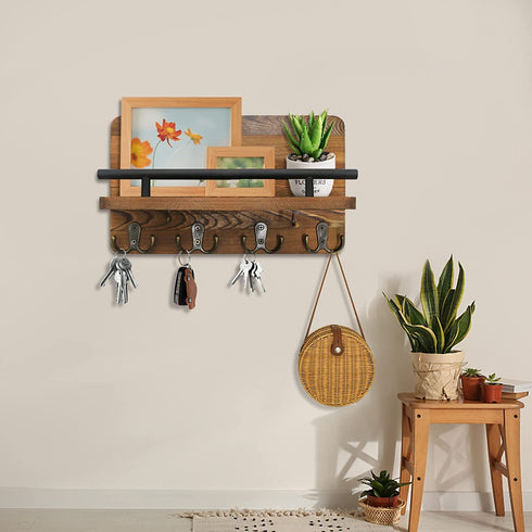 AilyHooms Key Holder Wall Mounted Mail Holder with 10 Hooks and 2 Wooden DIY Keychains - Wooden Decorative Key Hanging Rack Mail and Key Organizer Rustic Wall Shelf Decor, 12'' x 7'' x 3''