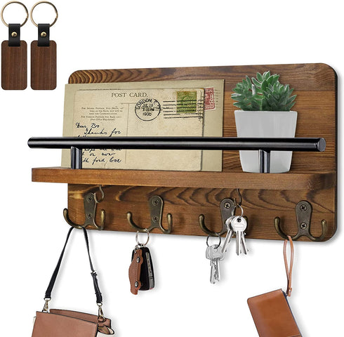 AilyHooms Key Holder Wall Mounted Mail Holder with 10 Hooks and 2 Wooden DIY Keychains - Wooden Decorative Key Hanging Rack Mail and Key Organizer Rustic Wall Shelf Decor, 12'' x 7'' x 3''