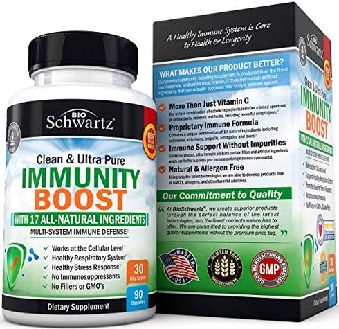 Immune Support Supplement with Vitamin C 1000mg Zinc Elderberry Ginger Beta Carotenes, Immunity Boost for Adults, Natural Immune Defense Antioxidant Vitamins by BioSchwartz, 90 Capsules