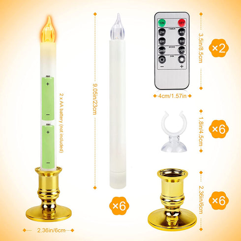 LVJING Window Candle Lights - Set of 6 Flameless Taper Candles with Gold Bases, Battery Operated, Timer Setting, 2 Remote Control, Christmas Valentine's Day Festival Decorations