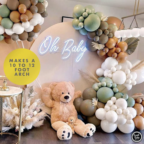 Sweet Baby Co. Neutral Sage Green Balloon Garland Kit Woodland Arch with Light Sage, Cocoa, Brown, Gold, White Balloons for Baby Shower Decorations, Hunter Jungle Theme Party Supplies, Safari Decor