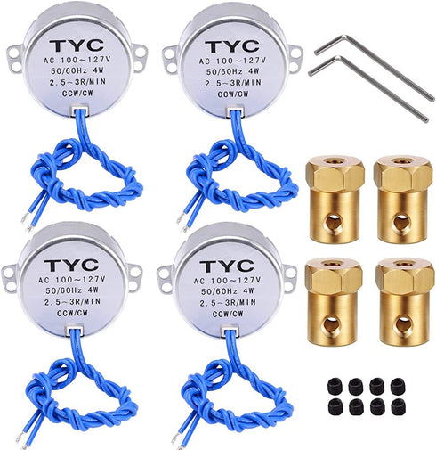 REENFAYA 4PCS Synchronous Synchron Motor Turntable Motor 110V Motor, 50/60Hz AC 100~127V 4W CCW/CW with 7MM Flexible Coupling Connector for Cup Turner,Cuptisserie,Tumbler Cup Rotator (2.5-3RPM)