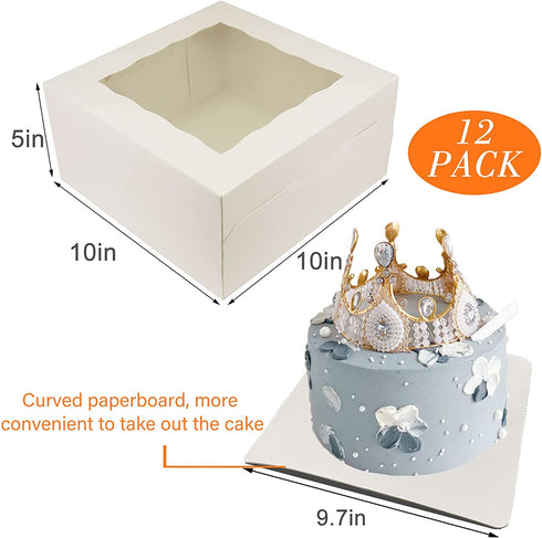 Cake Boxes 10 Inch, FEELFINE, 12pcs 10x10x5 Inches Bakery Boxes Cake Boxes with Window Cake Boards for Cakes, Cookies, Strawberries, Donuts, Muffins