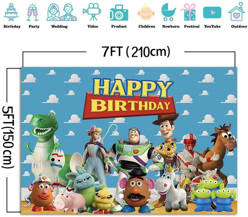 7x5ft Toy Story Theme Happy Birthday Party Photography Backdrops Blue Sky White Clouds Indoor Banner Kids Birthday Party Photo Background Cake Table Decoration Supplies Studio Booth Props