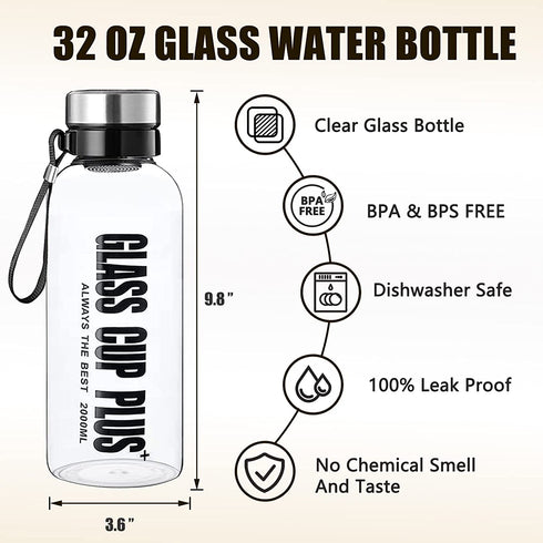 Kawfle 32 Oz Glass Water Bottle - Large Wide Mouth Borosilicate Reusable Drinking Bottles With Sleeve, BPA Free