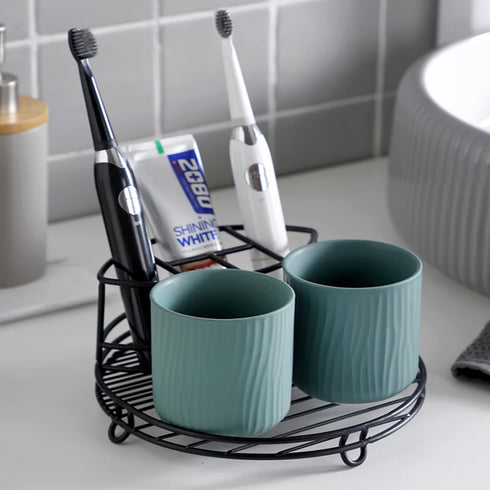 Toothbrush Holder Black for Bathroom Tooth Cup and Electric Toothbrush Organizers and Storage Toothpaste Stand Rack Set Included 3 Toothbrush Slots and 2 Ceramic Bathroom Tooth Cups