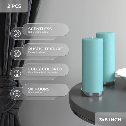 CANDWAX 3x8 Pillar Candle Set of 2 - Decorative Rustic Candles Unscented and No Drip Candles - Ideal as Wedding Candles or Large Candles for Home Interior - Light Turquoise Candles