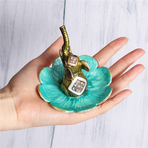 Waltz&F Raise Nose Elephant on Petal Metal Ring Jewelry Holder Trinket Box Figurine Collectible Table Centerpiece Decor
