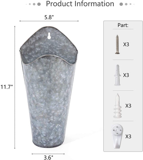 Mkono Galvanized Metal Wall Planter Farmhouse Wall Vase Planters Decor for Succulents or Herbs, Rustic Wall Hanging Planters Flowers Holder Country Rustic Home Wall Decor Set of 2, Silver, Small