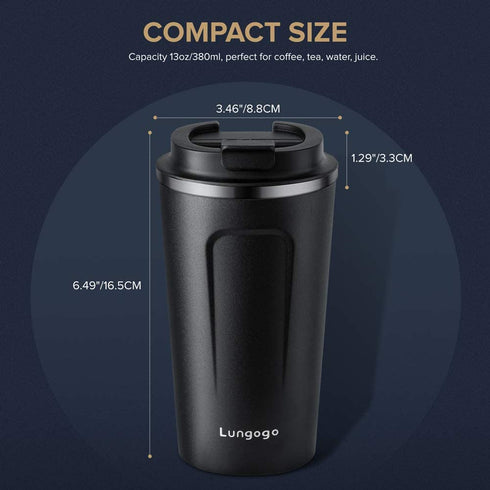 Lungogo Insulated Coffee Mug Travel Vacuum Coffee Cup Stainless Steel Double walled Reusable Coffee Tumbler with Leakproof Lid for Hot & Cold Drinks, 480 ML Black