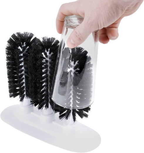 Royal Industries 3 Brush Manual Glass Washer with Suction Base, Plastic Base with Nylon Bristle, 9-3/4" Long x 4" W x 8" H, White Base with Black Brushes, Commercial Grade