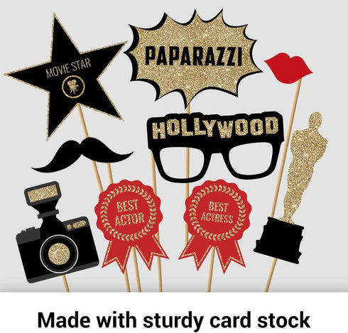 Fully Assembled Hollywood Photo Booth Props - Set of 30 - Black Gold Red Selfie Signs - Movie Night Themed Party Supplies & Decorations - Cute Oscars Designs with Real Glitter - Did we mention no DIY?