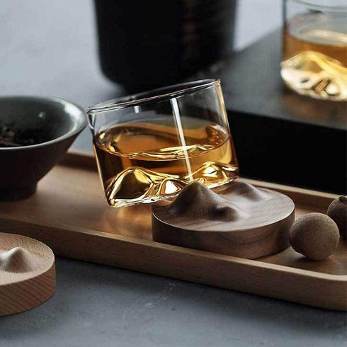Whiskey Glass Mountain Fuji Style Wine Glass Teacups with Wooden Bottom - Infusing Coffee, Milk, Tea