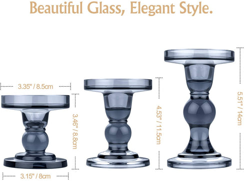 Lewondr Glass Candle Holders, 3 Pieces Crystal Clear Candlesticks with Elegant Design for Pillar Taper Candle and Tea Light, Home Table Living Room Wedding Party Decorations Home D©cor - Smoky Blue
