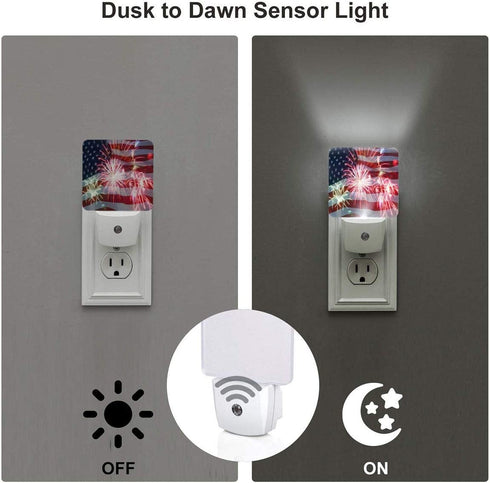 Set of 2 Led Night Lights, Fireworks 4th of July American Flag Patriotic Auto Dusk-to-Dawn Sensor Night Lamp Home Decorative for Adult