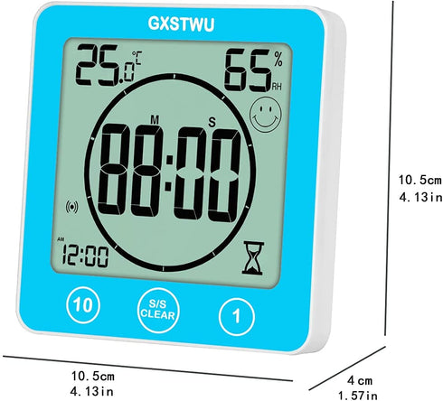 GXSTWU Digital Timer Shower Clock Waterproof?Waterproof for Water Spray? with Alarm, Bathroom Kitchen Wall Clock, Touch Screen Timer, Thermometer Hygrometer Suction Cup Hanging Hole Stand Magnet Blue