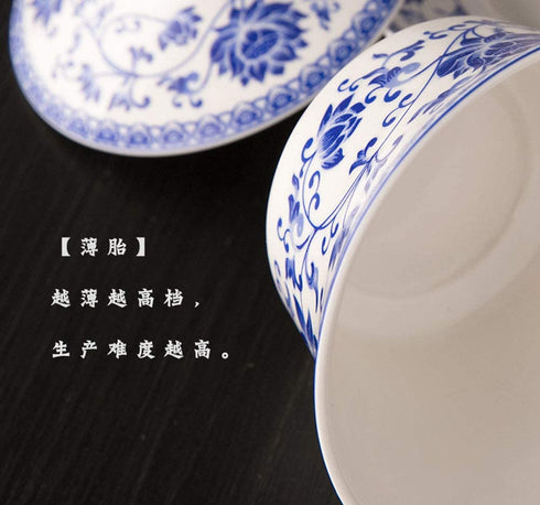 Chinese Porcelain Teacups 10oz Gaiwan Peony Lotus Flower Tureen Tradition Sancai Cover Bowl Lip Cup Saucer Tea Set (Blue lotus)