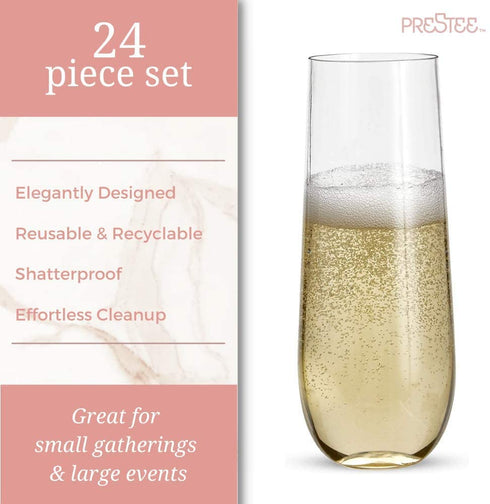 24 Stemless Plastic Champagne Flutes - 9 Oz Plastic Champagne Glasses | Clear Plastic Unbreakable Toasting Glasses |Shatterproof | Disposable | Reusable Perfect For Wedding Or Party