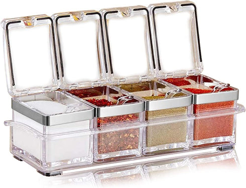 Aogist Kitchen Spice Pots 4 Piece Clear Seasoning Box - Premium Quality Seasoning Storage Container - Storage Container Condiment Jars - Seasoning Rack - Acrylic Seasoning Box with Cover and Spoon 304 Steel Edge
