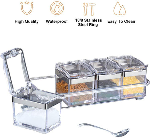 Aogist Kitchen Spice Pots 4 Piece Clear Seasoning Box - Premium Quality Seasoning Storage Container - Storage Container Condiment Jars - Seasoning Rack - Acrylic Seasoning Box with Cover and Spoon 304 Steel Edge